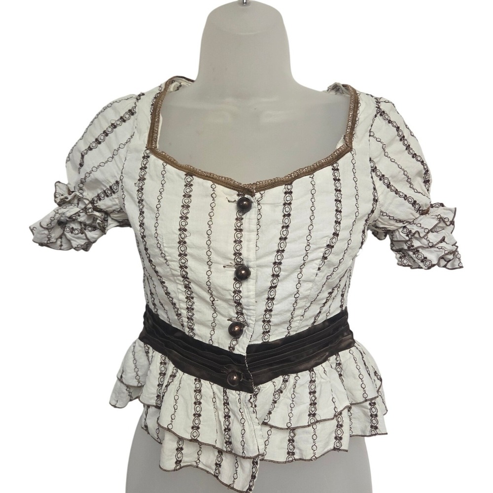 Vintage Y2K Women's White Chain Print Ruffle Peplum Blouse Top Shirt Size S‎